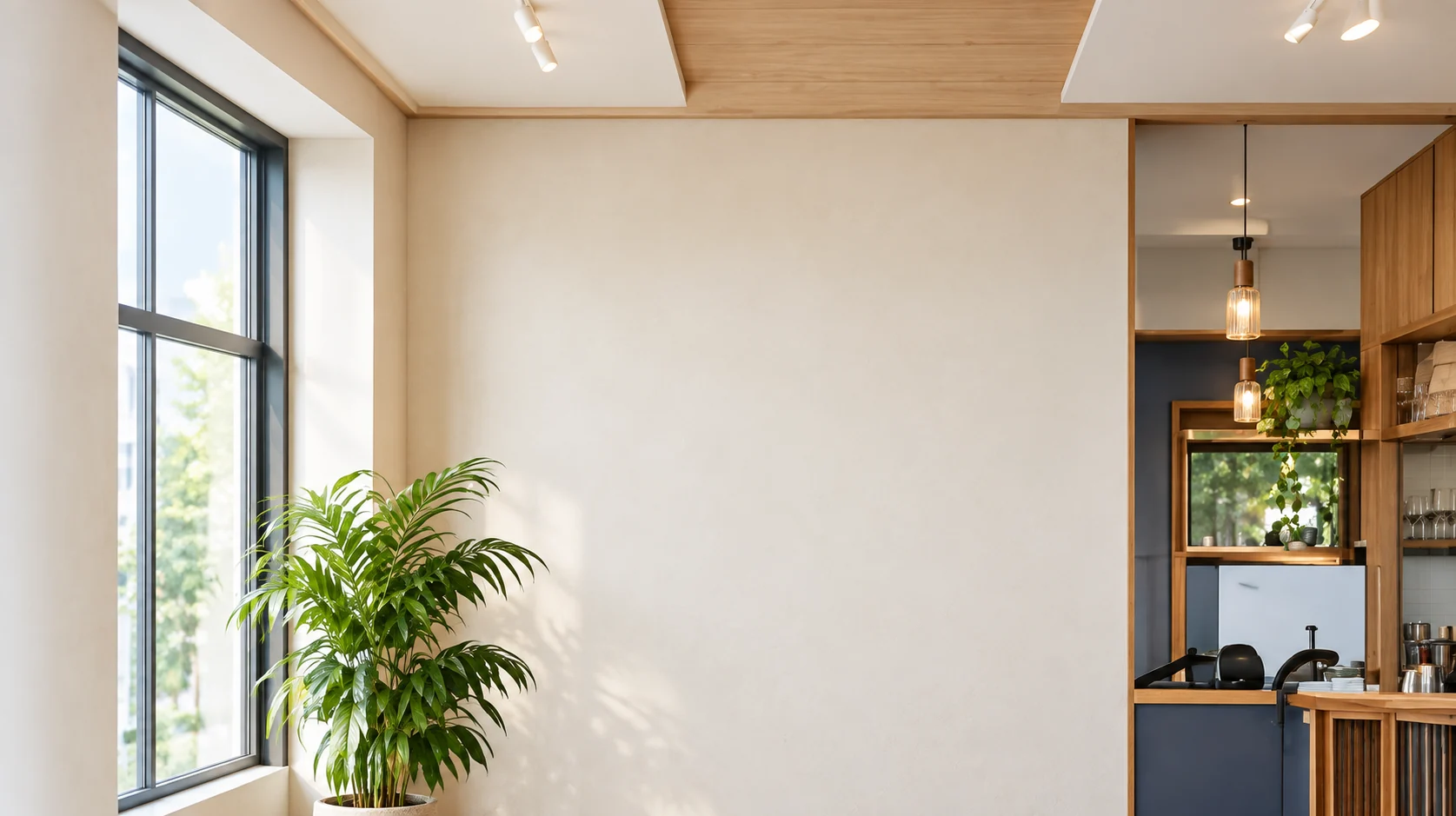 窓から光が入る、植物のある明るい店内