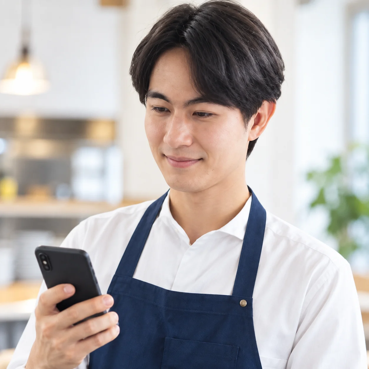 スマートフォンを手に笑顔を見せる飲食店のスタッフ
