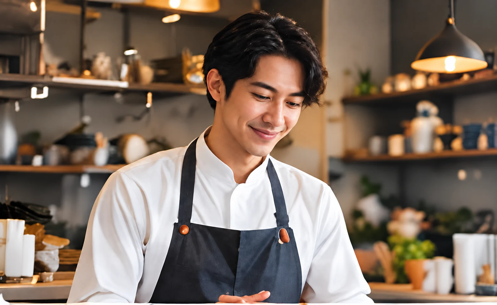 厨房で笑顔を見せる料理人