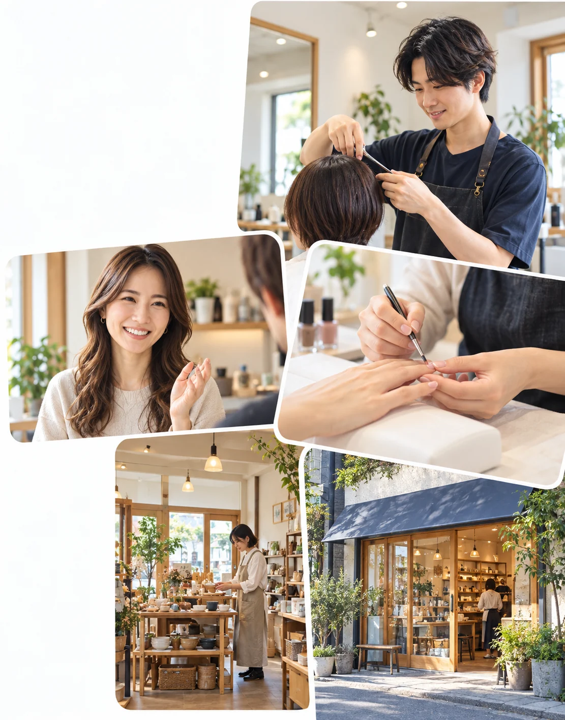 美容室、ネイルサロン、カフェ、街の商店など、さまざまな店舗で働く人たちの写真コラージュ