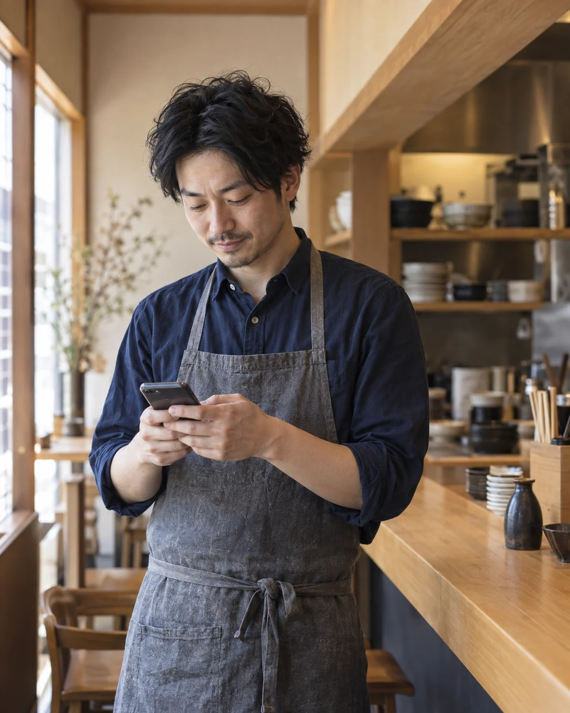自然光の入る店内でスマートフォンを確認する飲食店の店主