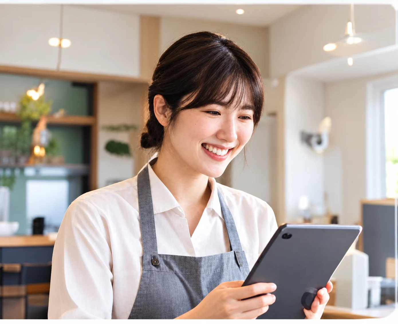 タブレットを手に笑顔を見せる飲食店のスタッフ